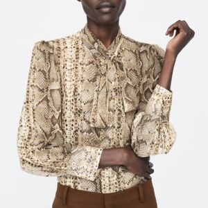 Zara Snake Skin Print Chiffon Blouse S Bow-Tie Neck Long Sleeve Button Front